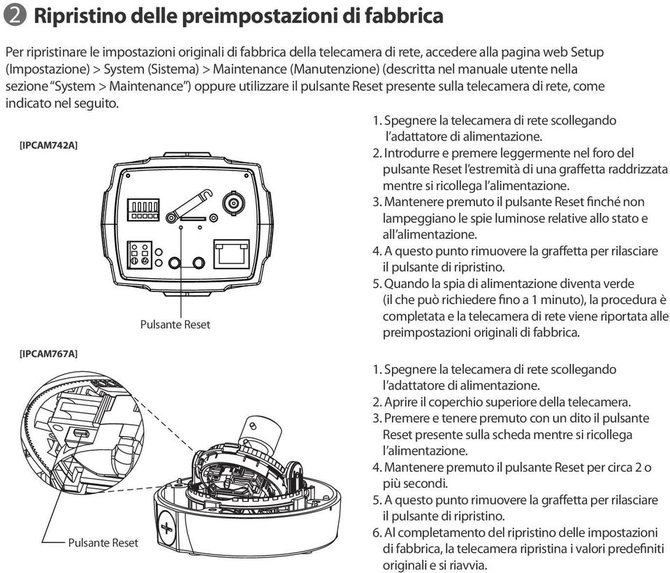 Spegnere la telecamera di rete scollegando l adattatore di alimentazione. [IPCAM742A] 2.