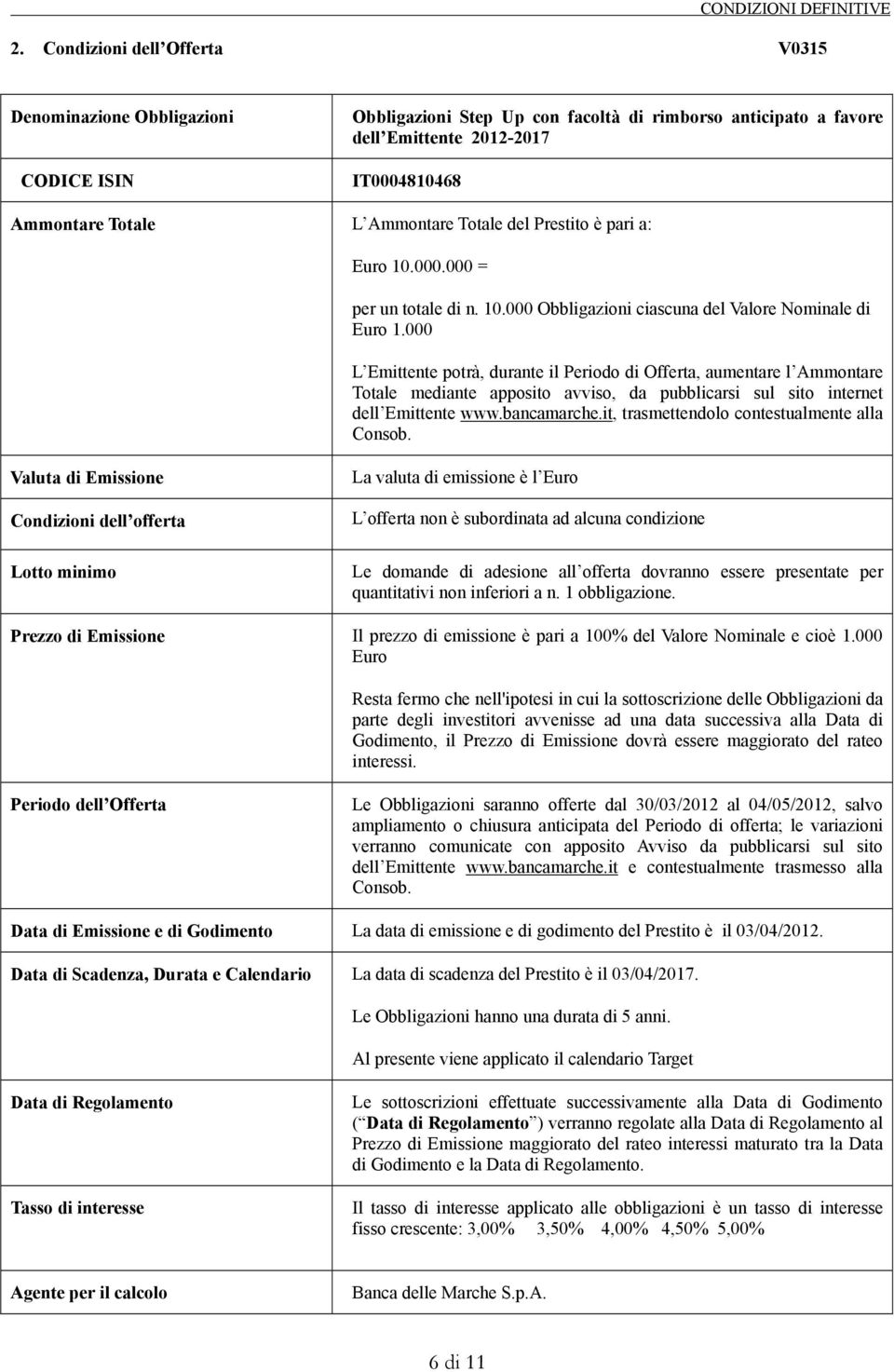 000 L Emittente potrà, durante il Periodo di Offerta, aumentare l Ammontare Totale mediante apposito avviso, da pubblicarsi sul sito internet dell Emittente www.bancamarche.