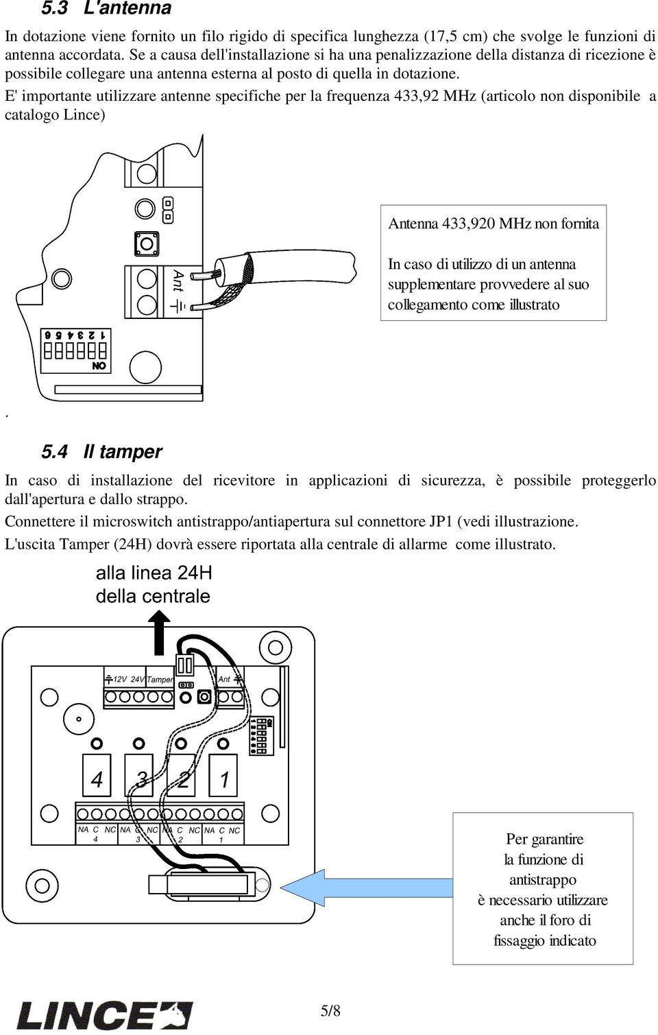 E' importante utilizzare antenne specifiche per la frequenza 433,92 MHz (articolo non disponibile a catalogo Lince) Antenna 433,920 MHz non fornita In caso di utilizzo di un antenna supplementare