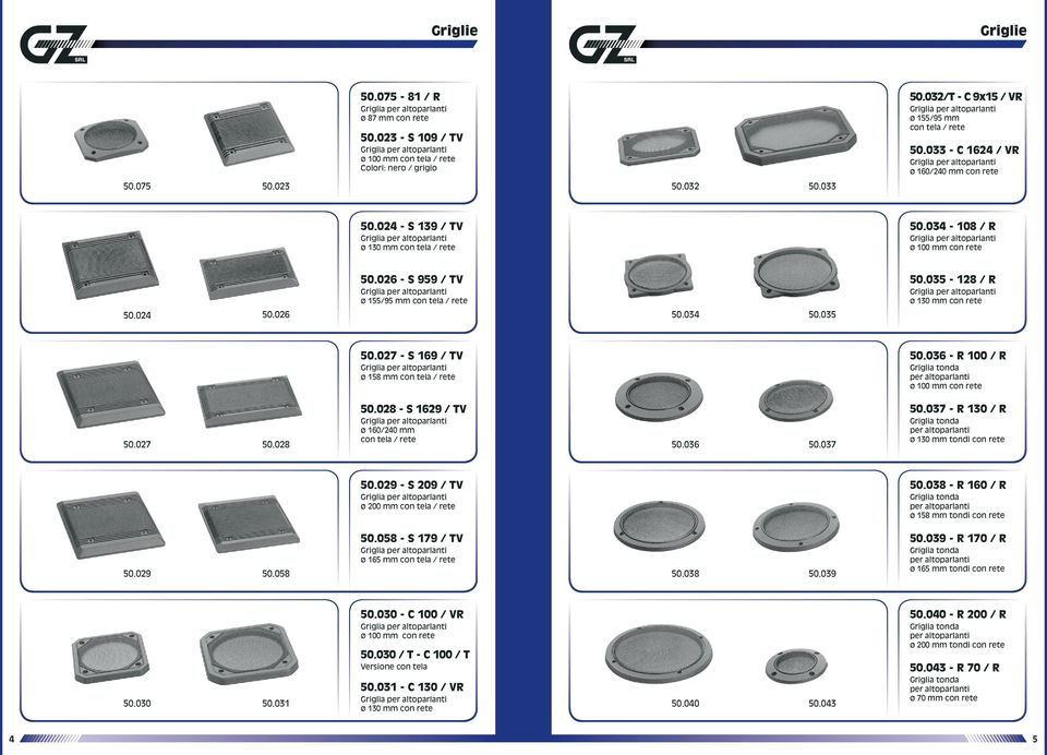 035-128 / R con rete 50.024 50.026 50.034 50.035 50.027 - S 169 / TV ø 158 mm con tela / rete 50.036 - R 100 / R Griglia tonda per altoparlanti ø 100 mm con rete 50.027 50.028 50.