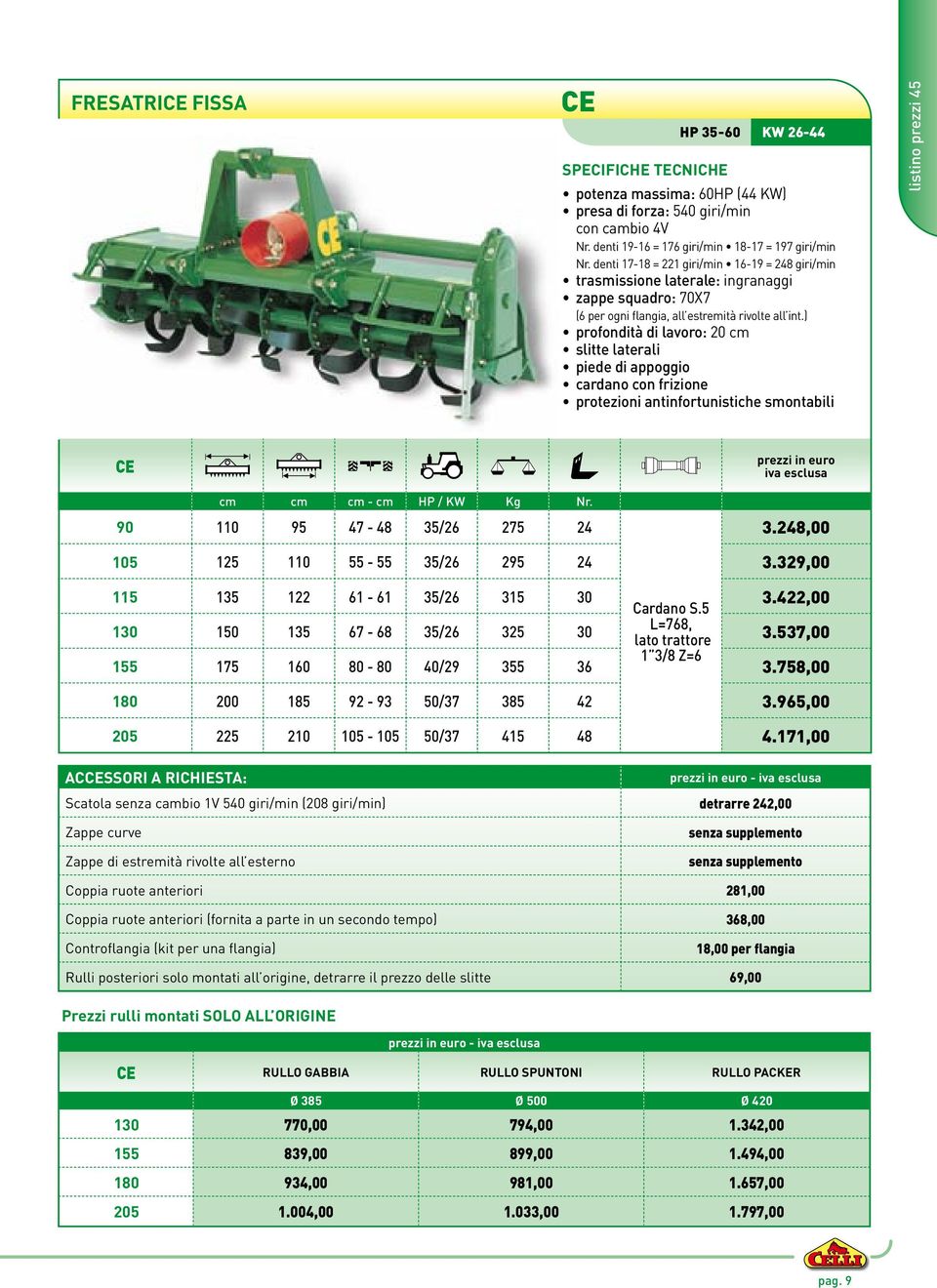 ) profondità di lavoro: 20 cm slitte laterali piede di appoggio cardano con frizione protezioni antinfortunistiche smontabili listino prezzi 45 CE cm cm cm - cm HP / KW Kg Nr.