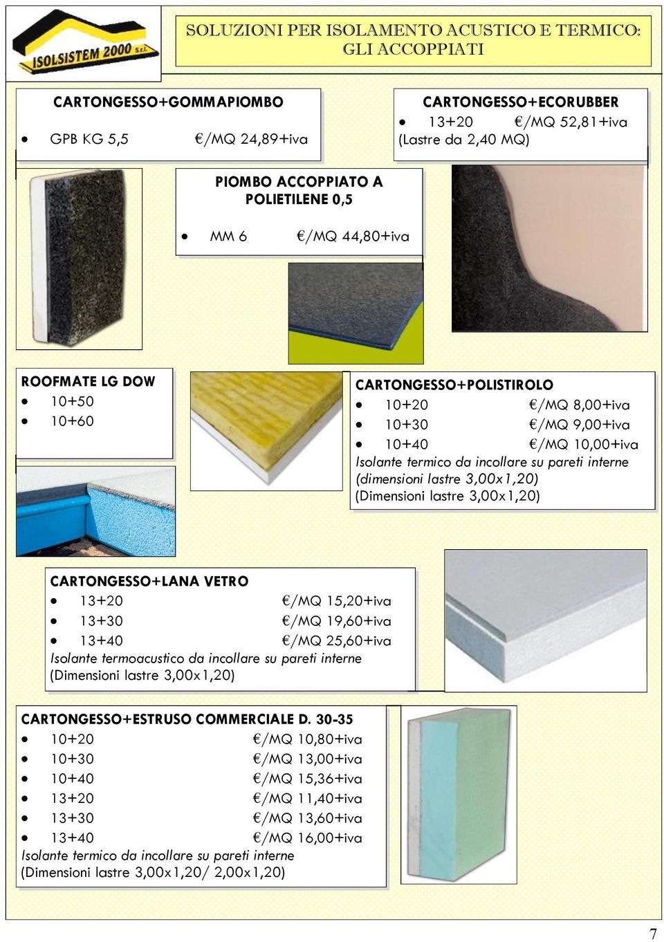 (dimensioni lastre 3,00x1,20) (Dimensioni lastre 3,00x1,20) CARTONGESSO+LANA VETRO 13+20 /MQ 15,20+iva 13+30 /MQ 19,60+iva 13+40 /MQ 25,60+iva Isolante termoacustico da incollare su pareti interne