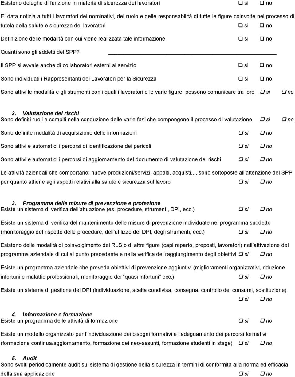 Il SPP si avvale anche di collaboratori esterni al servizio si no Sono individuati i Rappresentanti dei Lavoratori per la Sicurezza si no Sono attivi le modalità e gli strumenti con i quali i