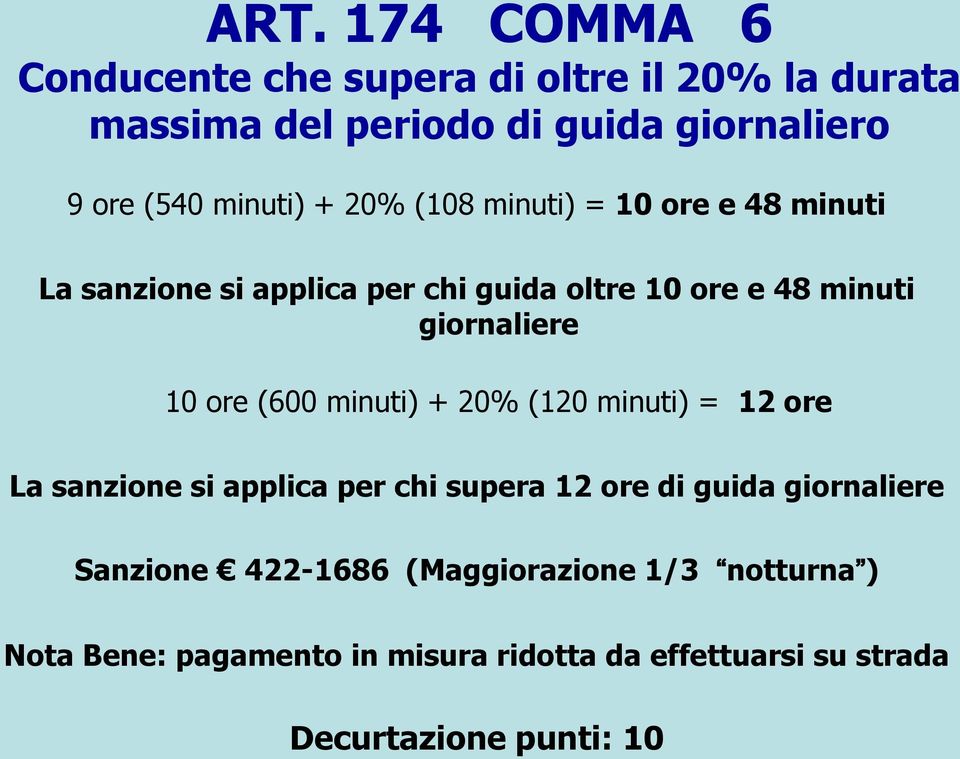 10 ore (600 minuti) + 20% (120 minuti) = 12 ore La sanzione si applica per chi supera 12 ore di guida giornaliere