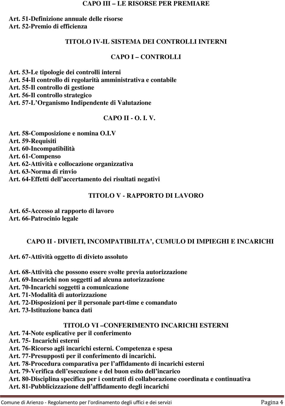 57-L Organismo Indipendente di Valutazione CAPO II - O. I. V. Art. 58-Composizione e nomina O.I.V Art. 59-Requisiti Art. 60-Incompatibilità Art. 61-Compenso Art.