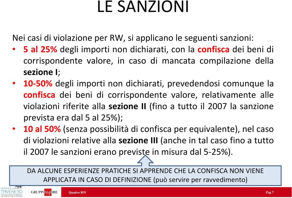 (fino a tutto il 2007 la sanzione prevista era dal 5 al 25%); 10 al 50% (senza possibilitàdi confisca per equivalente), nel caso di violazioni relative alla sezione III (anche in tal caso fino a