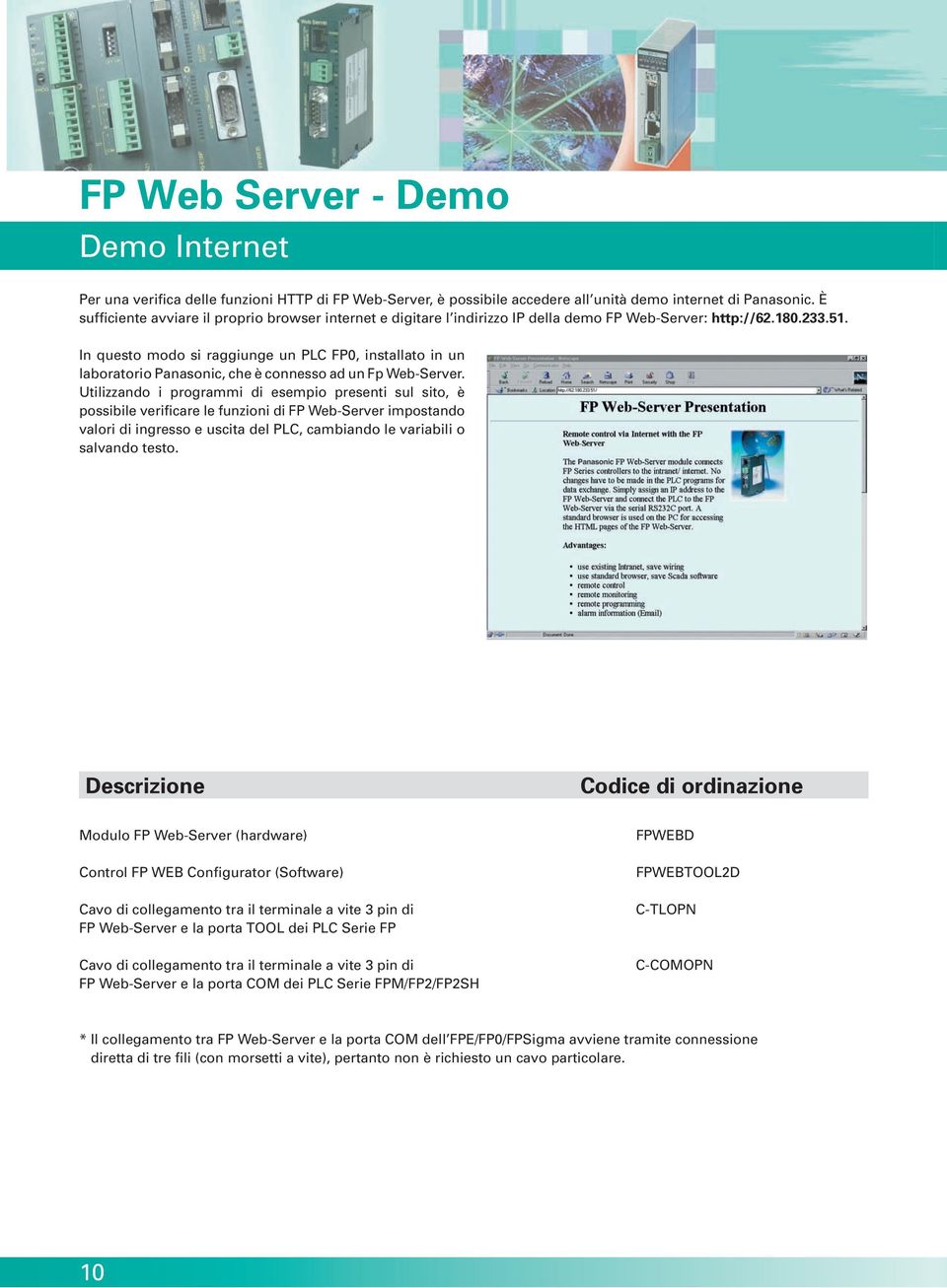 In questo modo si raggiunge un PLC FP0, installato in un laboratorio Panasonic, che è connesso ad un Fp Web-Server.