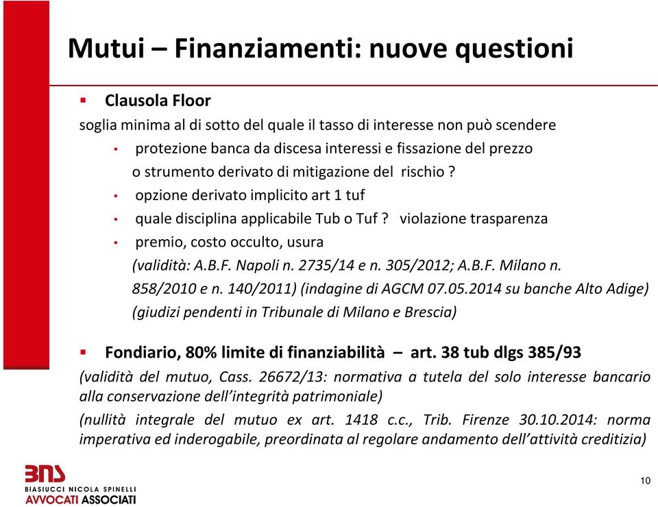 305/2012; A.B.F. Milano n. 858/2010 e n. 140/2011) (indagine di AGCM 07.05.2014 su banche Alto Adige) (giudizi pendenti in Tribunale di Milano e Brescia) Fondiario, 80% limite di finanziabilità art.