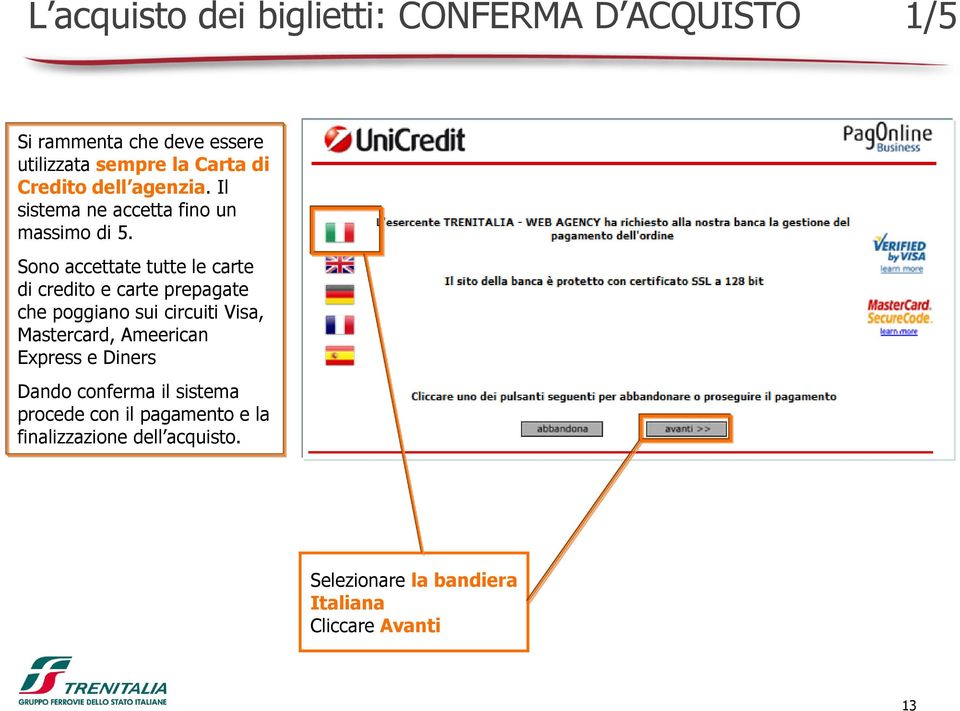 Sono accettate tutte le carte di credito e carte prepagate che poggiano sui circuiti Visa, Mastercard,