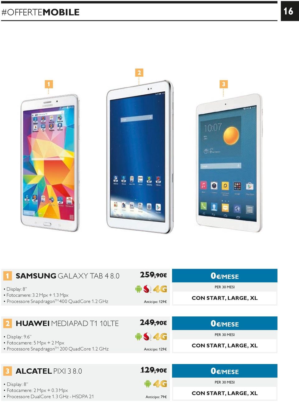 2 GHz 259,90 Anticipo: 129 0 /MESE CON START, LARGE, XL 2 HUAWEI MEDIAPAD T1 10LTE Display: 9.