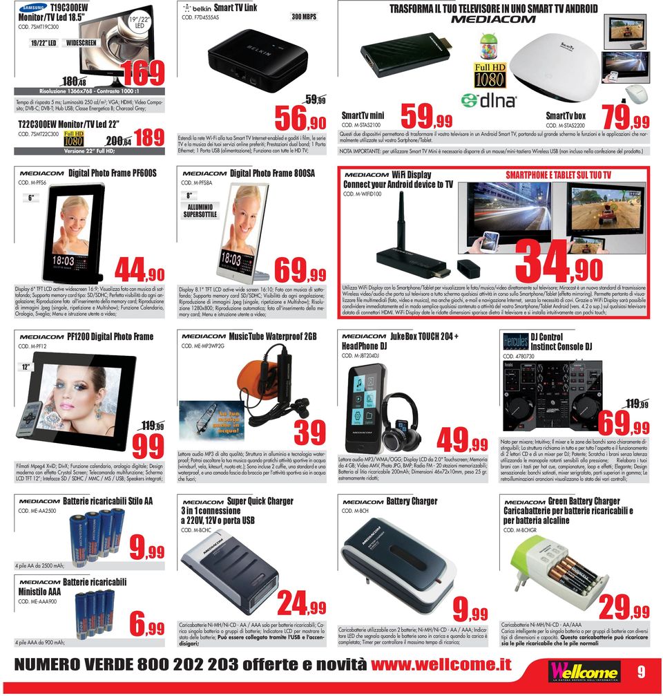 HDMI; Video Composito; DVB-C; DVB-T; Hub USB; Classe Energetica B; Charcoal Grey; T22C300EW Monitor/TV Led 22 COD.