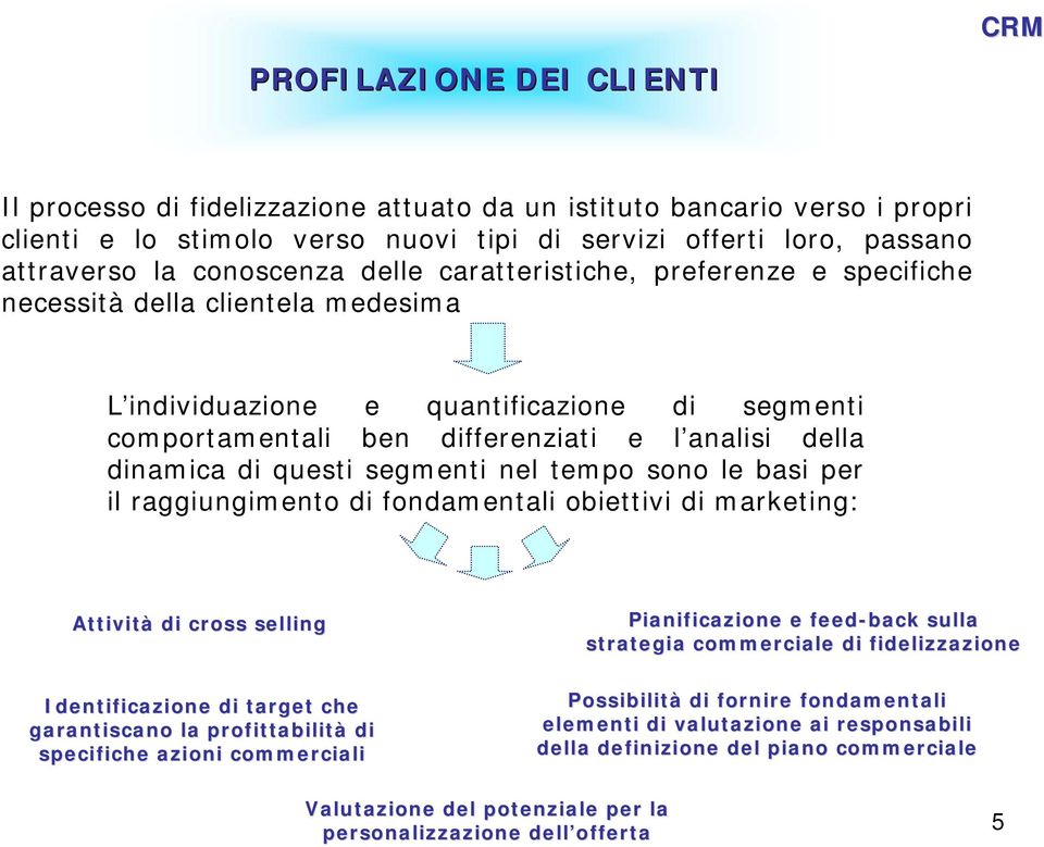 dinamica di questi segmenti nel tempo sono le basi per il raggiungimento di fondamentali obiettivi di marketing: Attività di cross selling Identificazione di target che garantiscano la profittabilità