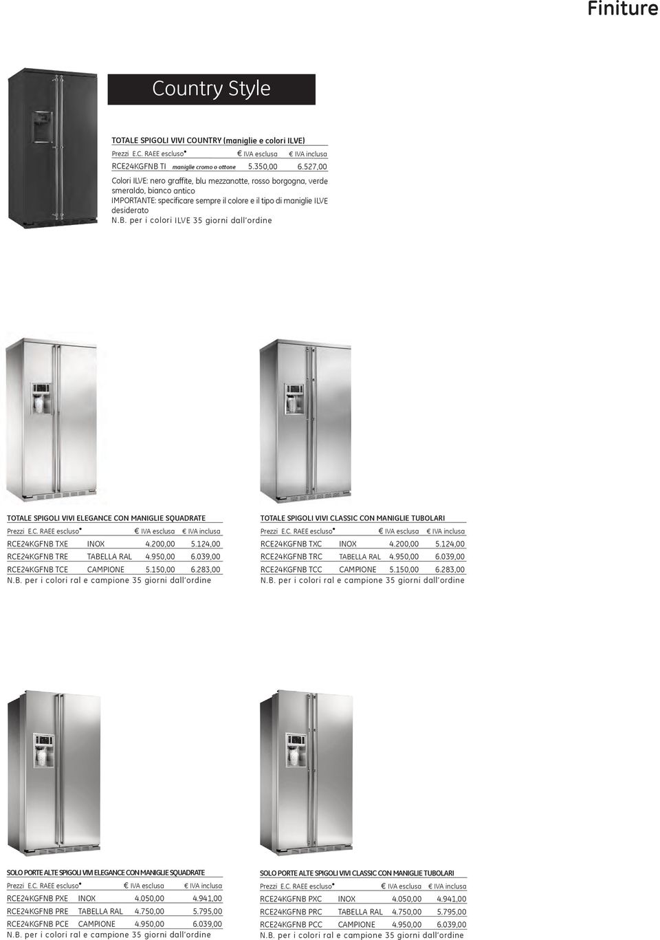 per i colori ILVE 35 giorni dall ordine TOTALE SPIGOLI VIVI ELEGANCE CON MANIGLIE SQUADRATE RCE24KGFNB TXE INOX 4.200,00 5.124,00 RCE24KGFNB TRE TABELLA RAL 4.950,00 6.