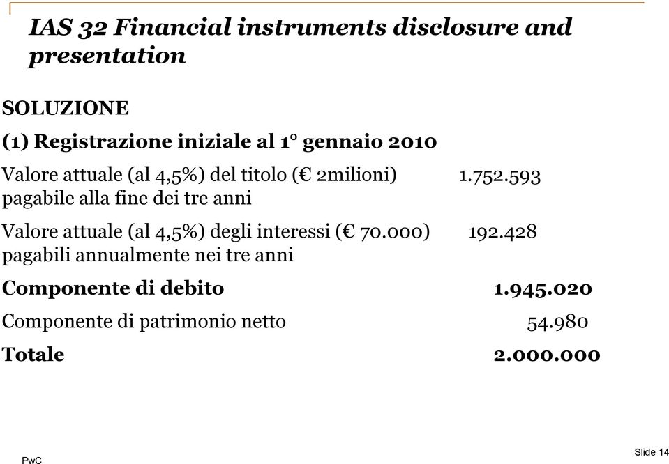 593 pagabile alla fine dei tre anni Valore attuale (al 4,5%) degli interessi ( 70.000) 192.
