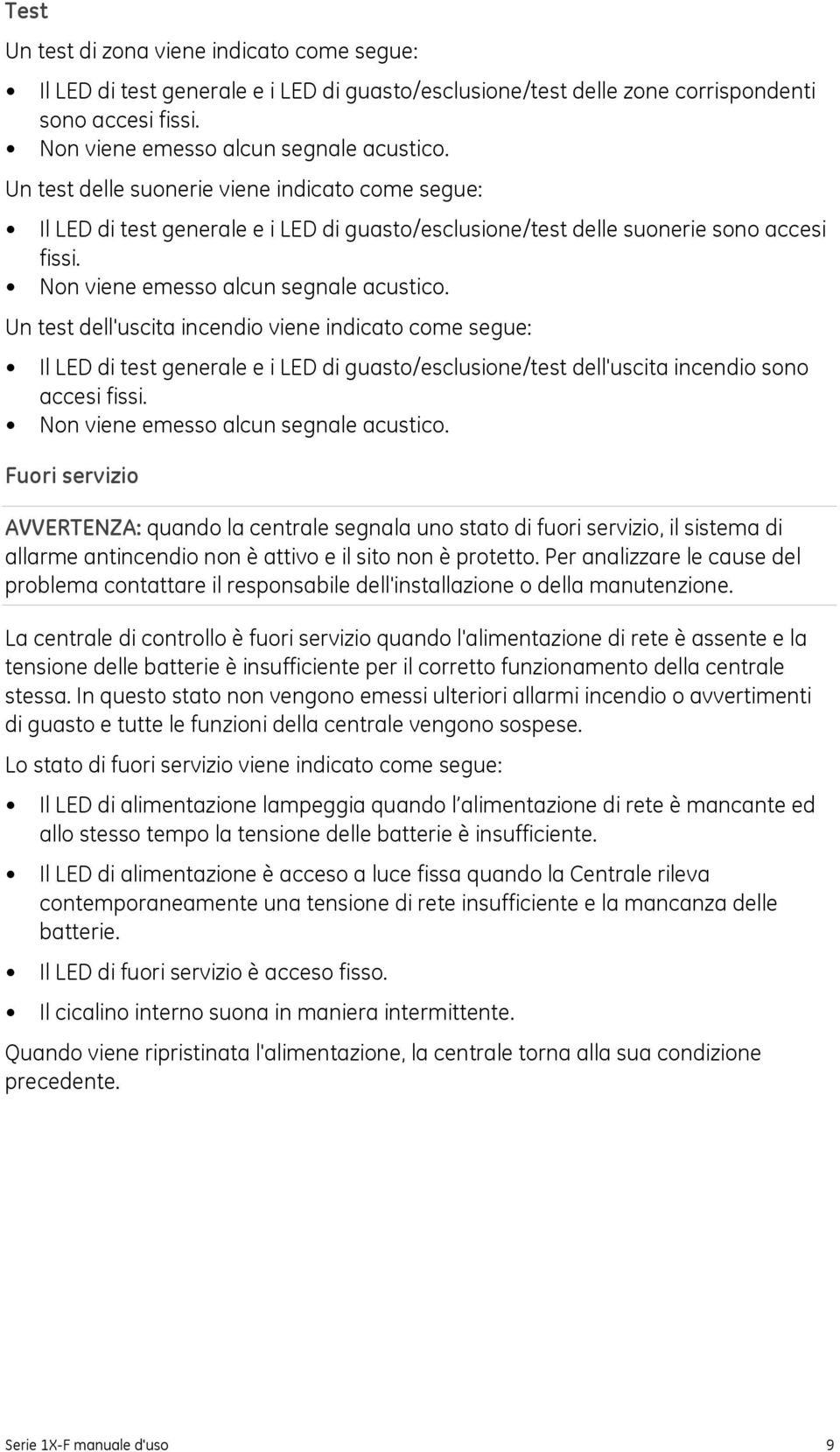 Un test dell'uscita incendio viene indicato come segue: Il LED di test generale e i LED di guasto/esclusione/test dell'uscita incendio sono accesi fissi. Non viene emesso alcun segnale acustico.