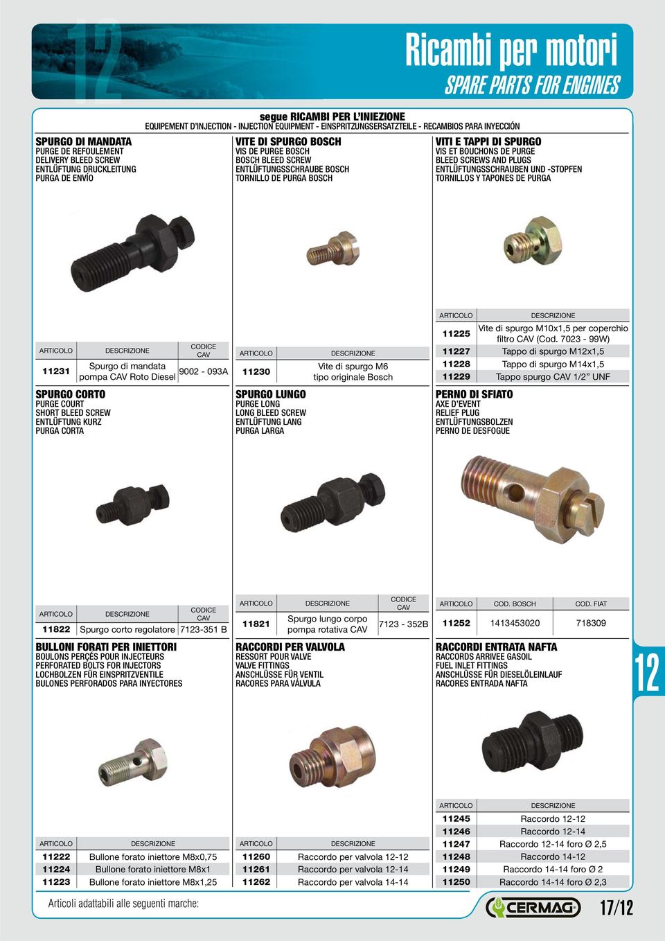 DE PURGE BLEED SCREWS AND PLUGS ENTLÜFTUNGSSCHRAUBEN UND -STOPFEN TORNILLOS Y TAPONES DE PURGA 131 SPURGO CORTO PURGE COURT SHORT BLEED SCREW ENTLÜFTUNG KURZ PURGA CORTA CODICE CAV Spurgo di mandata