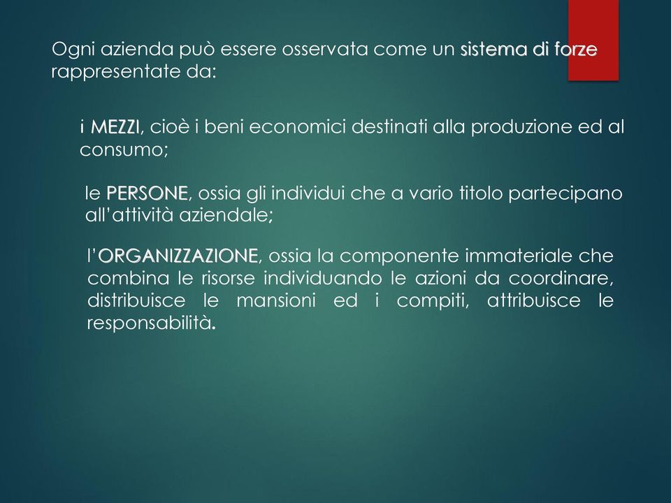 partecipano all attività aziendale; l ORGANIZZAZIONE, ossia la componente immateriale che combina le