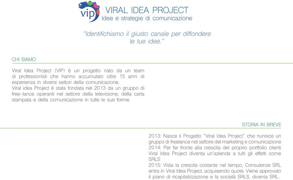 Viral idea Project è stata fondata nel 2013 da un gruppo di free-lance operanti nel settore della televisione, della carta stampata e della comunicazione in tutte le sue forme.