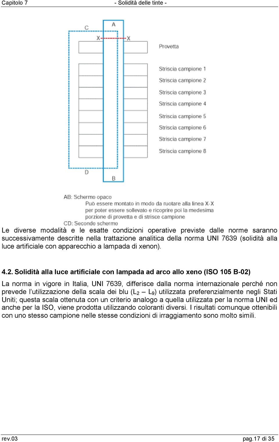 Solidità alla luce artificiale con lampada ad arco allo xeno (ISO 105 B-02) La norma in vigore in Italia, UNI 7639, differisce dalla norma internazionale perché non prevede l utilizzazione della