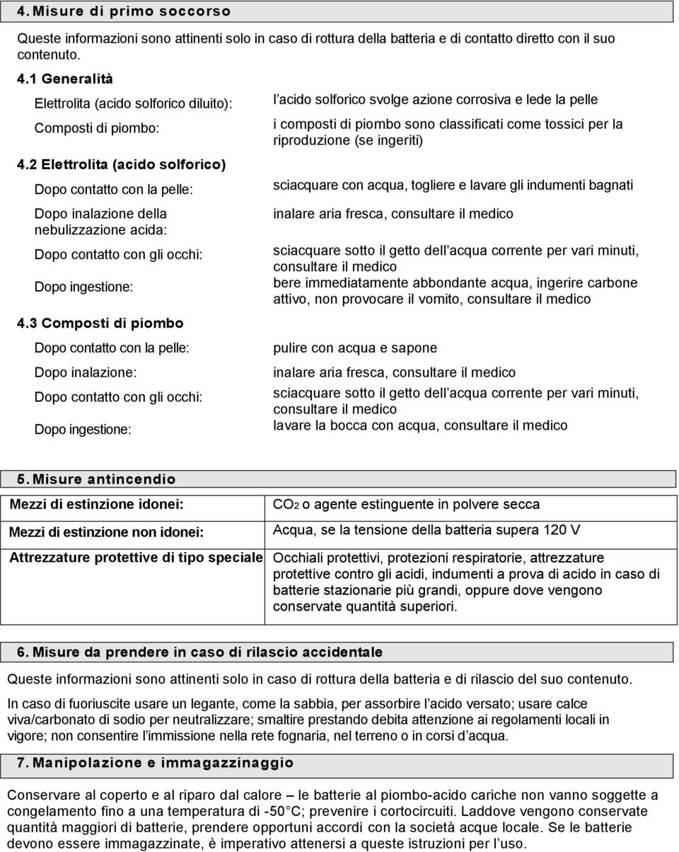 2 Elettrolita (acido solforico) Dopo contatto con la pelle: Dopo inalazione della nebulizzazione acida: Dopo contatto con gli occhi: Dopo ingestione: 4.