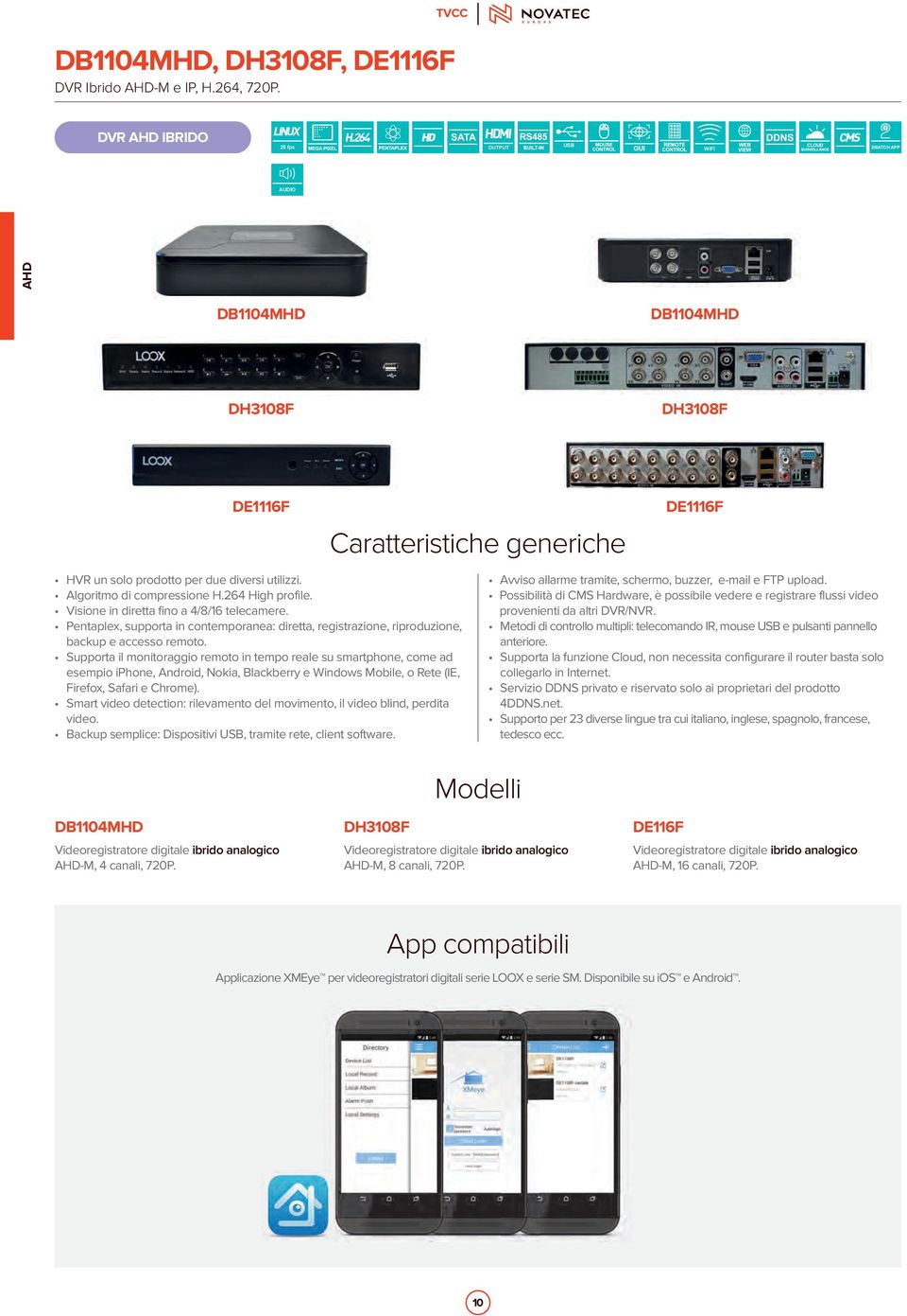 Algoritmo di compressione H.264 High profile. Visione in diretta fino a 4/8/16 telecamere. Pentaplex, supporta in contemporanea: diretta, registrazione, riproduzione, backup e accesso remoto.