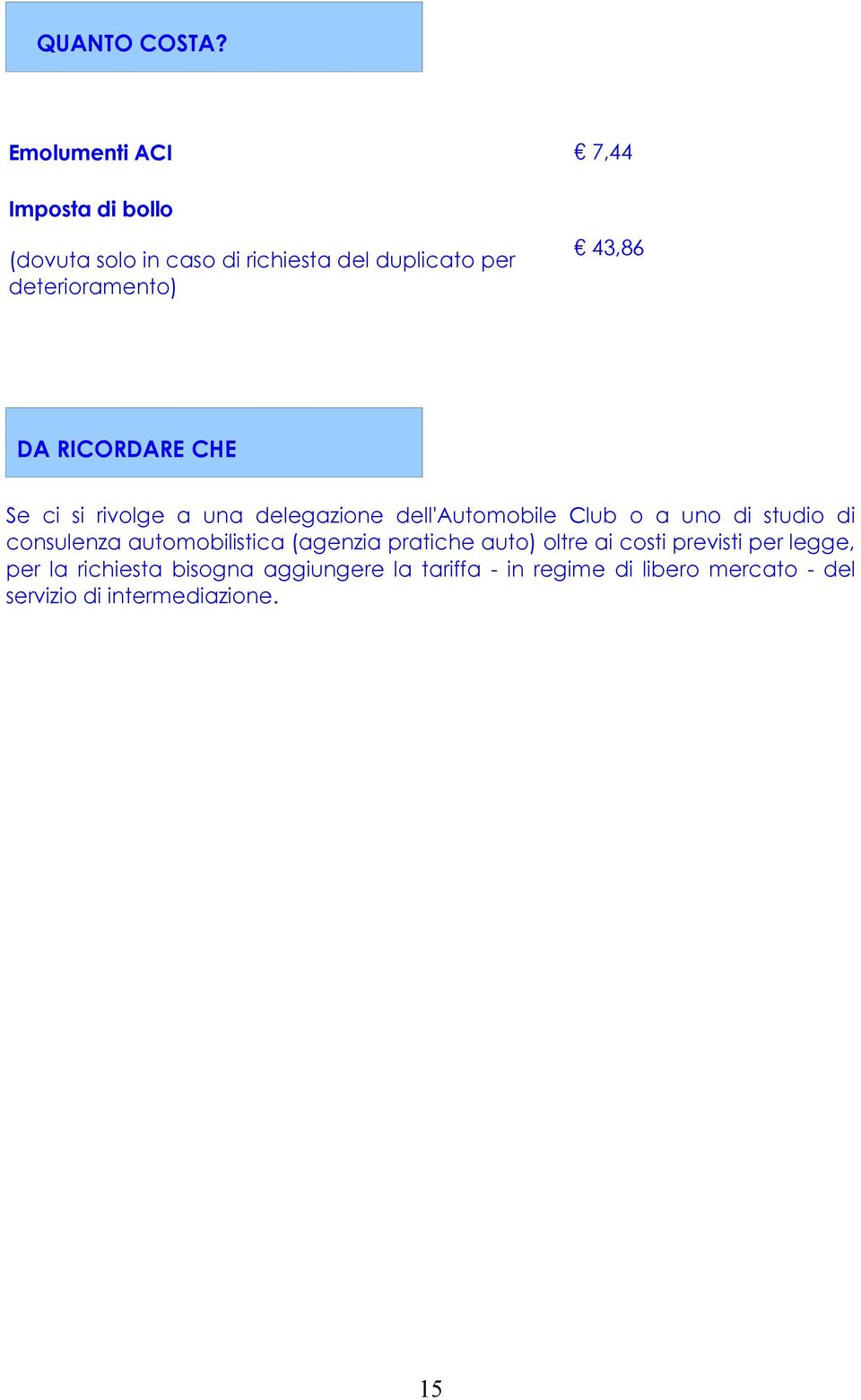 43,86 DA RICORDARE CHE Se ci si rivolge a una delegazione dell'automobile Club o a uno di studio di