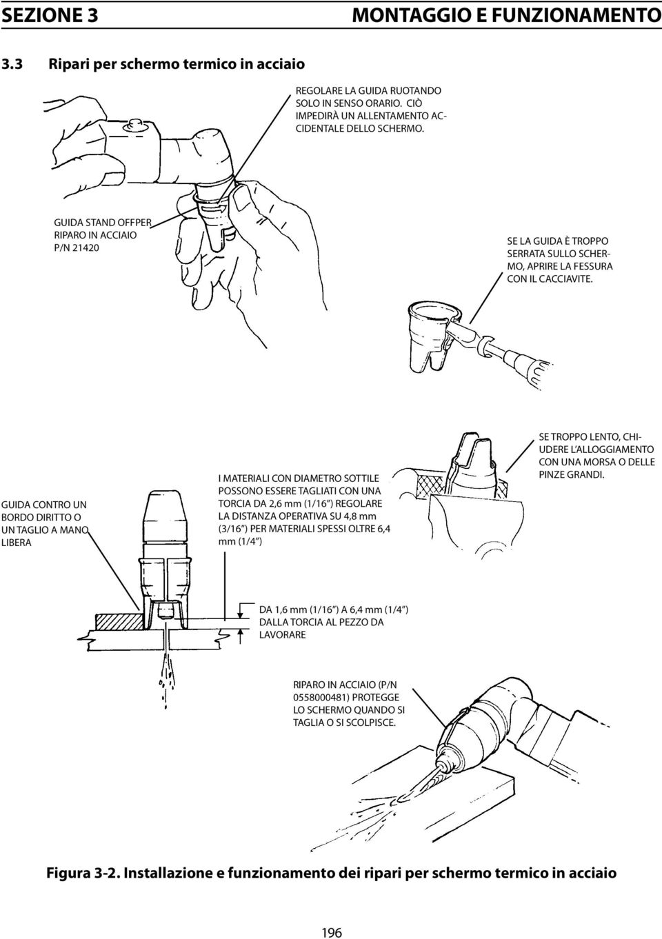 GUIDA CONTRO UN BORDO DIRITTO O UN TAGLIO A MANO LIBERA I MATERIALI CON DIAMETRO SOTTILE POSSONO ESSERE TAGLIATI CON UNA TORCIA DA 2,6 mm (1/16 ) REGOLARE LA DISTANZA OPERATIVA SU 4,8 mm (3/16 ) PER