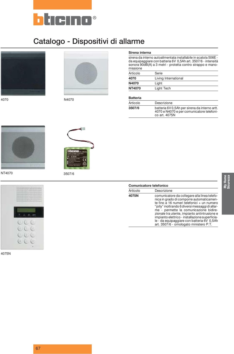 0,5Ah per sirena da interno artt. 4070 e N4070 e per comunicatore telefonico art.