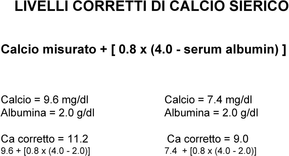 0 g/dl Calcio = 7.4 mg/dl Albumina = 2.