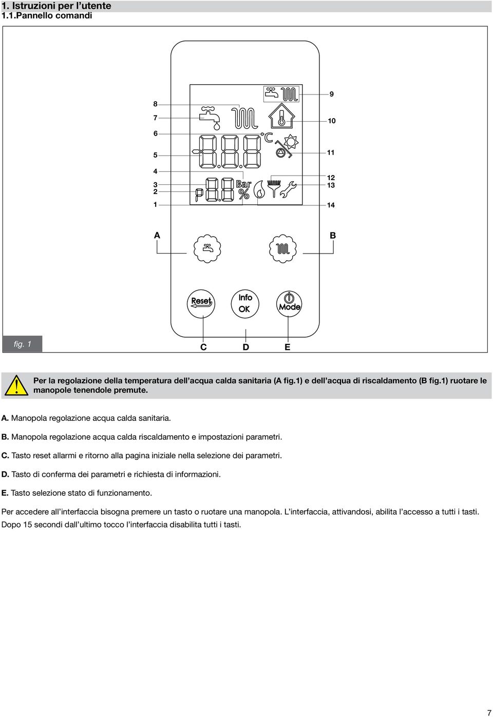 Manopola regolazione acqua calda riscaldamento e impostazioni parametri. C. Tasto reset allarmi e ritorno alla pagina iniziale nella selezione dei parametri. D.