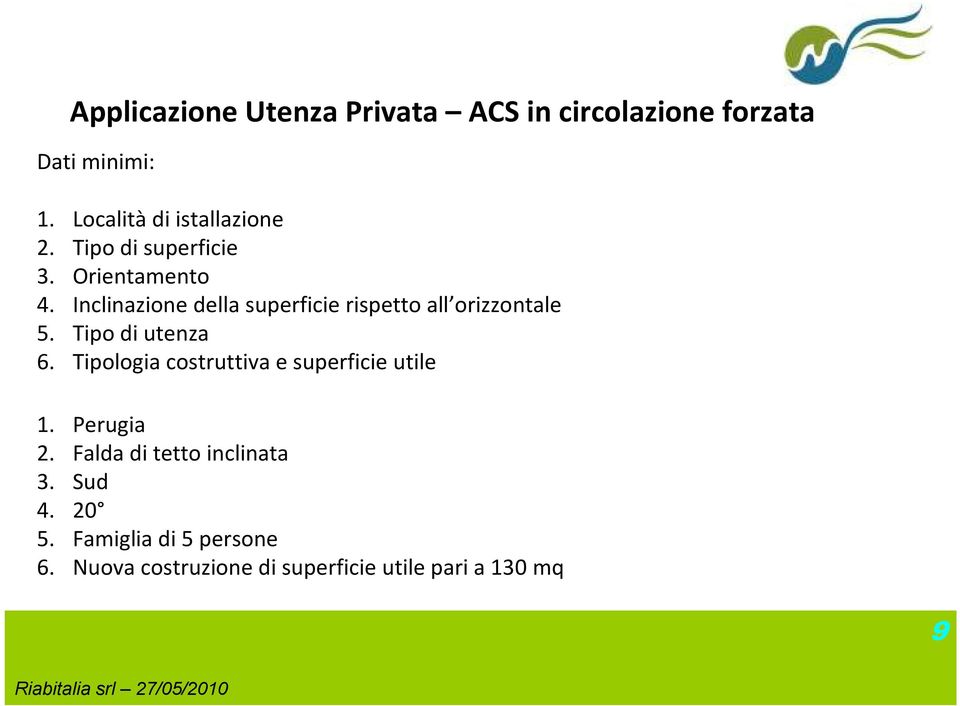 Inclinazione della superficie rispetto all orizzontale 5. Tipo di utenza 6.