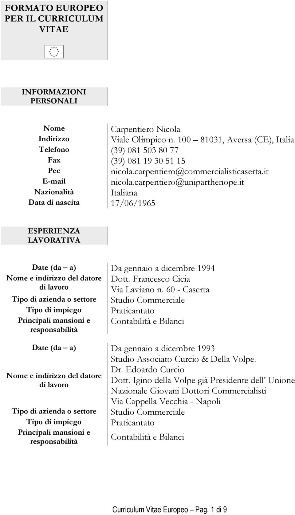 it Italiana Nome Indirizzo Nazionalità Data di nascita 17/06/1965 ESPERIENZA LAVORATIVA Date (da a) Da gennaio a dicembre 1994 Dott. Francesco Cicia Via Laviano n.