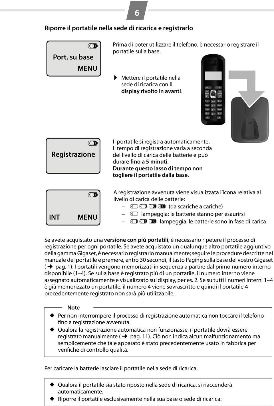 Il tempo di registrazione varia a seconda del livello di carica delle batterie e può durare fino a 5 minuti. Durante questo lasso di tempo non togliere il portatile dalla base.