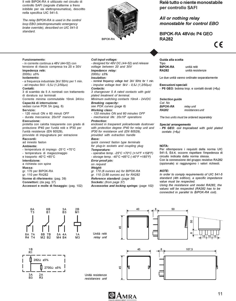 BIPOK-RA Relè tutto o niente monostabile per controllo SAFI All or nothing relay monostable for control EBO BIPOK-RA 48Vdc P4 GEO RA282 Funzionamento: - in corrente continua a 48V (44 52) con