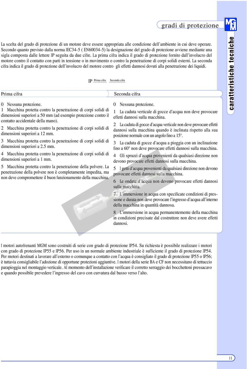 La prima cifra indica il grado di protezione fornito dall involucro del motore contro il contatto con parti in tensione o in movimento o contro la penetrazione di corpi solidi esterni.