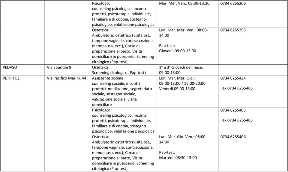 ), Corso di preparazione al parto, Visita domiciliare in puerperio, Screening citologico (Pap-test) PEDASO Via Spuntini 9 Ostetrica: Screening citologico (Pap-test) PETRITOLI Via Pacifico Marini, 44