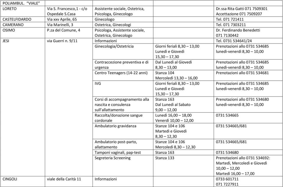 za del Comune, 4 Psicologa, Assistente sociale, Ostetrica, Ginecologo Dr. Ferdinando Benedetti 0717130442 JESI via Guerri n. 9/11 Informazioni Tel.