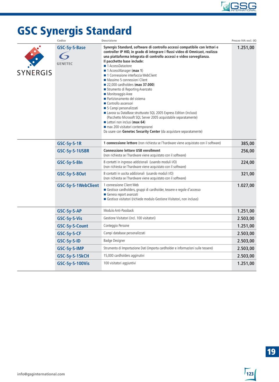 Il pacchetto base include: 1 AccessDatastore 1 AccessManager (max 1) 1 Connessione interfaccia WebClient Massimo 5 connessioni Client 22,000 cardholders (max 37.