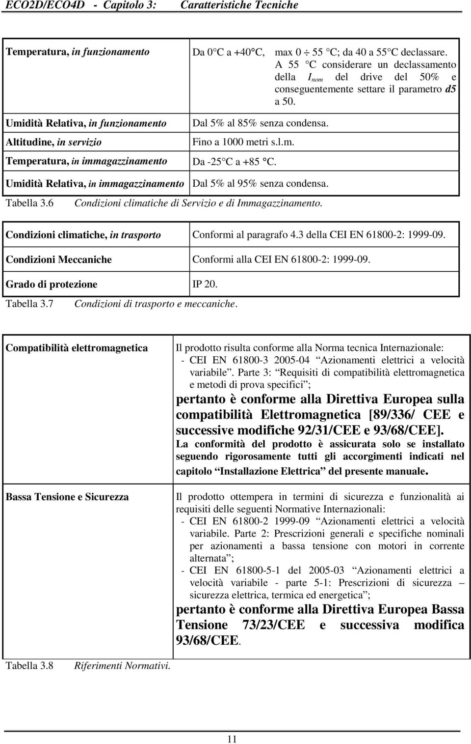 Umidità Relativa, in immagazzinamento Dal 5% al 95% senza condensa. Tabella 3.6 Condizioni climatiche di Servizio e di Immagazzinamento. Condizioni climatiche, in trasporto Conformi al paragrafo 4.