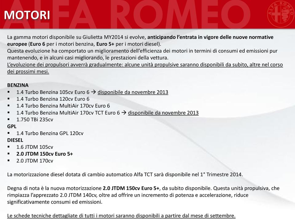 L evoluzione dei propulsori avverrà gradualmente: alcune unità propulsive saranno disponibili da subito, altre nel corso dei prossimi mesi. BENZINA 1.