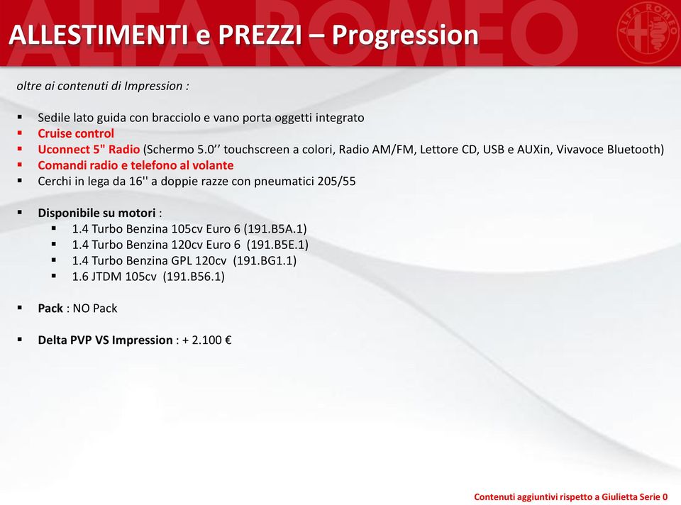 0 touchscreen a colori, Radio AM/FM, Lettore CD, USB e AUXin, Vivavoce Bluetooth) Comandi radio e telefono al volante Cerchi in lega da 16'' a doppie razze