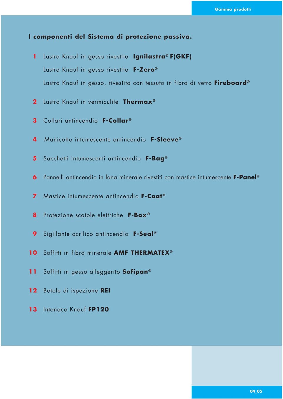 vermiculite Thermax 3 Collari antincendio F-Collar 4 Manicotto intumescente antincendio F-Sleeve 5 Sacchetti intumescenti antincendio F-Bag 6 Pannelli antincendio in lana minerale