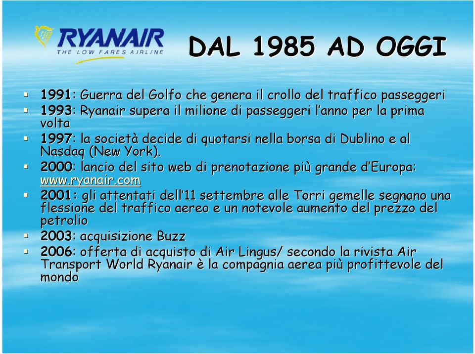 2000: : lancio del sito web di prenotazione più grande d Europa: d www.ryanair.