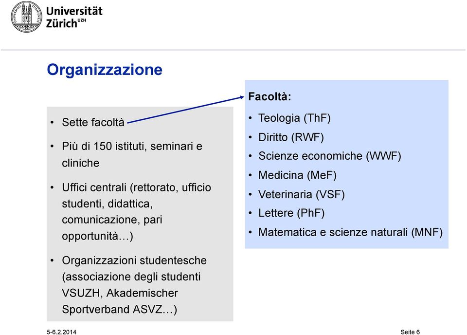 Scienze economiche (WWF) Medicina (MeF) Veterinaria (VSF) Lettere (PhF) Matematica e scienze naturali