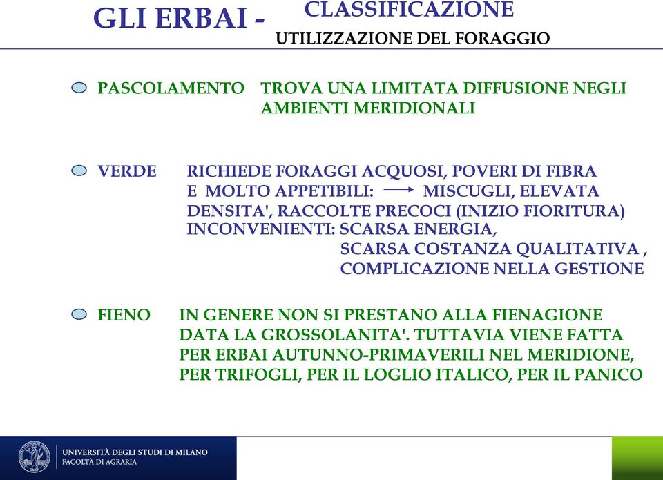 INCONVENIENTI: SCARSA ENERGIA, SCARSA COSTANZA QUALITATIVA, COMPLICAZIONE NELLA GESTIONE IN GENERE NON SI PRESTANO ALLA FIENAGIONE