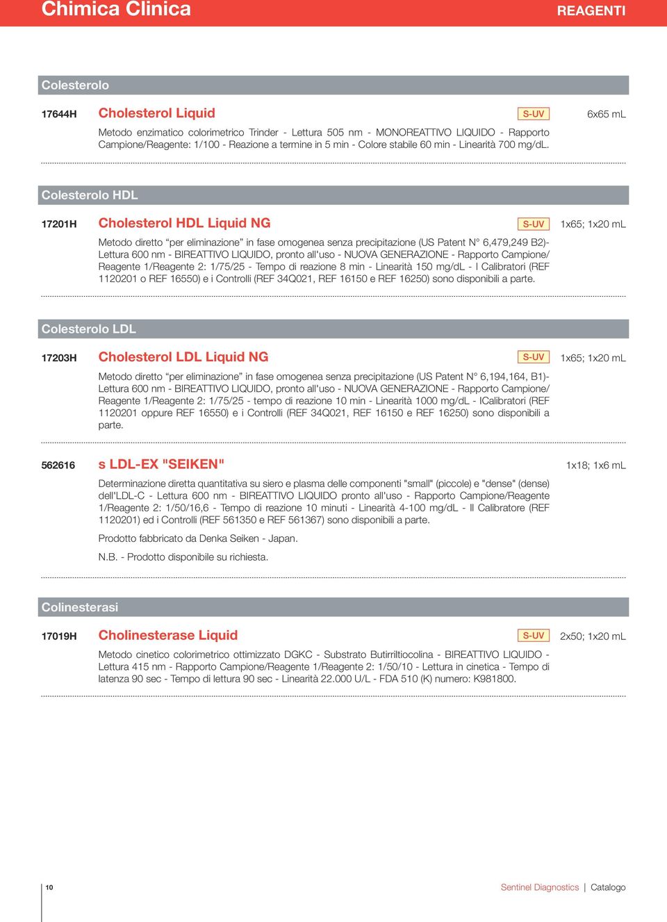 Colesterolo HDL 17201H Cholesterol HDL Liquid NG S-UV 1x65; 1x20 ml Metodo diretto per eliminazione in fase omogenea senza precipitazione (US Patent N 6,479,249 B2)- Lettura 600 nm - BIREATTIVO