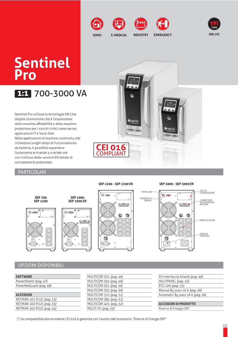 CEI 016 * COMPLIANT PARTICOLARI SEP 2200 - SEP 2200 ER SEP 3000 - SEP 3000 ER SEP 700 SEP 1500 SEP 1000 SEP 1000 ER INTERFACCIA SERIALE CONNETTORE PER ESPANSIONE BATTERIA OPZIONI DISPONIBILI SOFTWARE