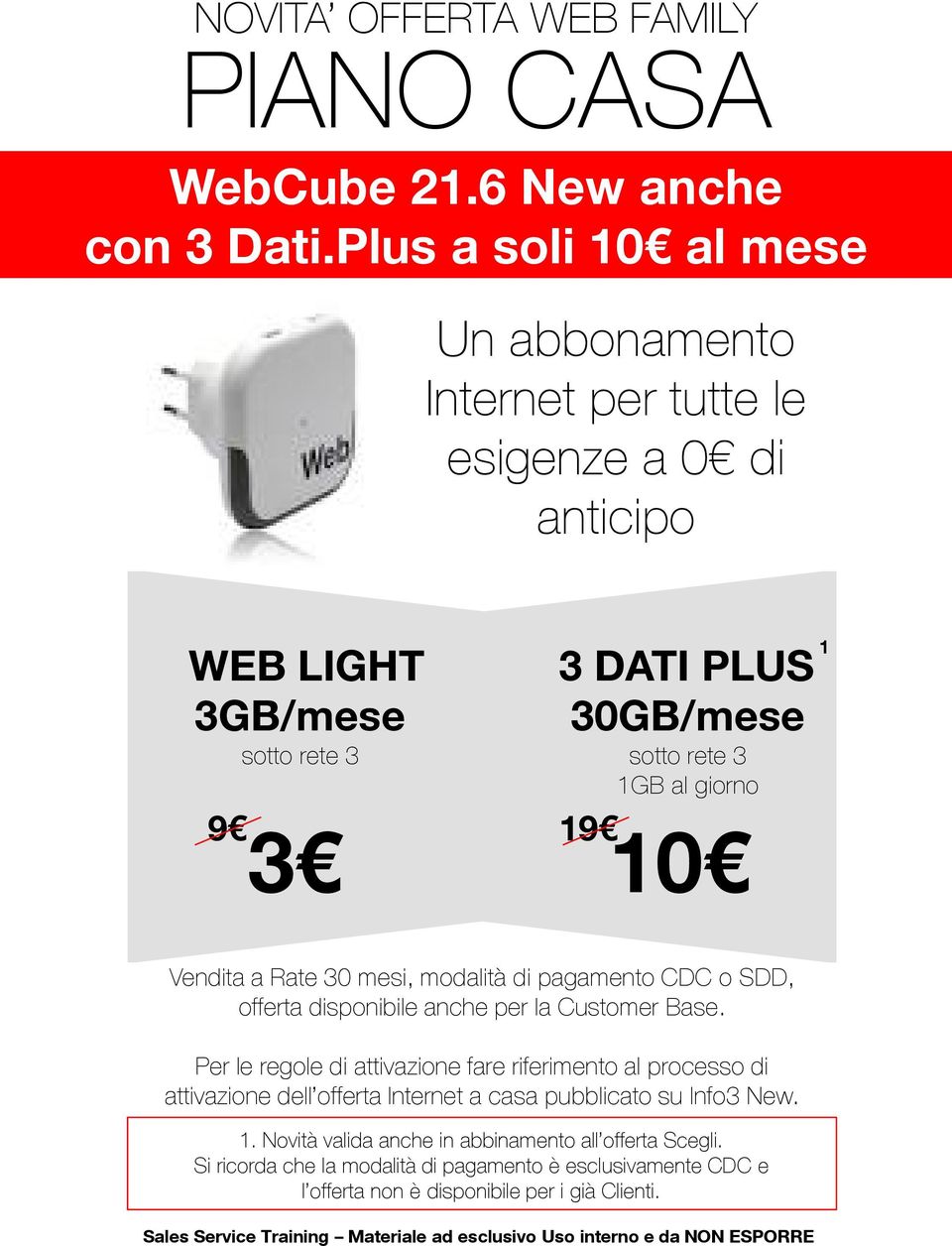 al giorno 3 10 1 Vendita a Rate 30 mesi, modalità di pagamento CDC o SDD, offerta disponibile anche per la Customer Base.