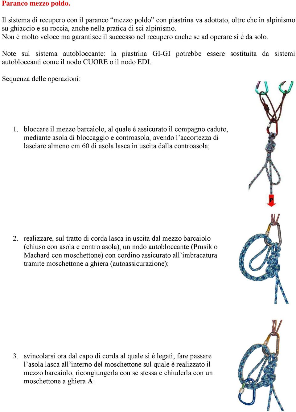 Note sul sistema autobloccante: la piastrina GI-GI potrebbe essere sostituita da sistemi autobloccanti come il nodo CUORE o il nodo EDI. Sequenza delle operazioni: 1.