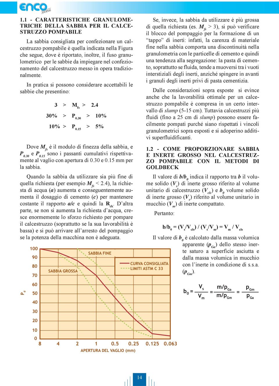 In pratica si possono considerare accettabili le sabbie che presentino: 3 > M fs > 2.4 30% > P 0.30 > 10% 10% > P 0.15 > 5% Dove M fs è il modulo di finezza della sabbia, e P 0.30 e P 0.